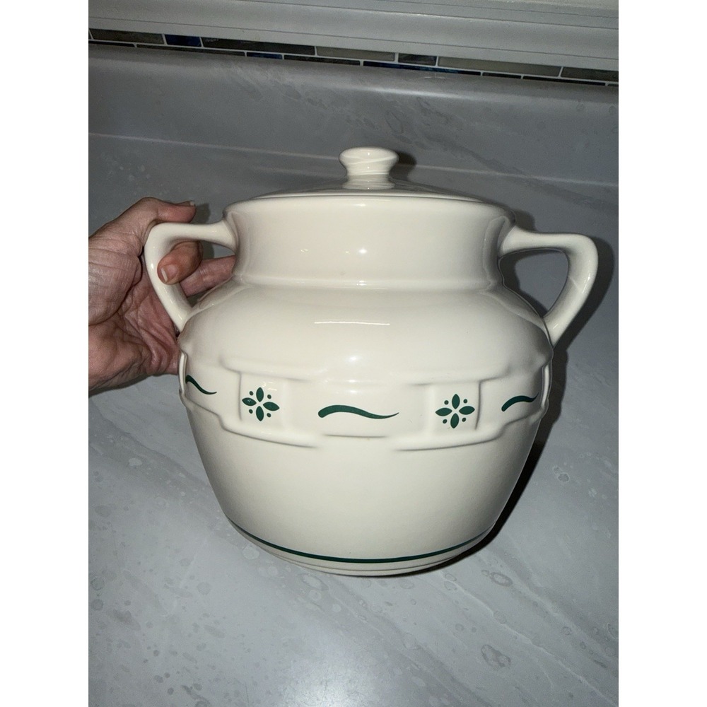 Longaberger Woven Traditions Pottery Cookie Jar Bean Pot Heritage Green USA